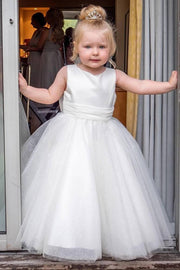 A-Line Floor-Length Satin Tulle Flower Girl Dresses with Bow