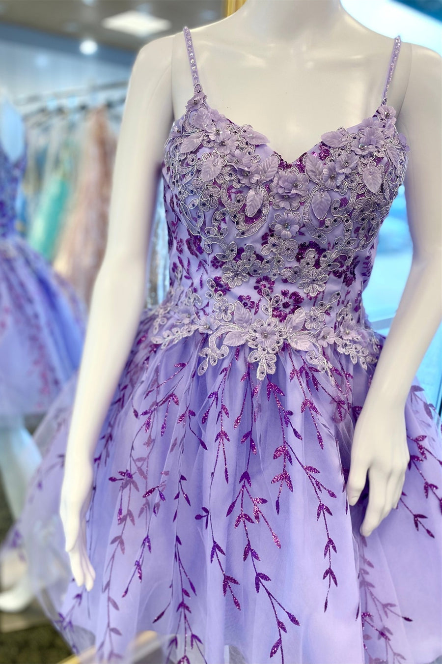 Lavender Spaghetti Straps Tulle A-Line Short Homecoming Dresses with Appliques