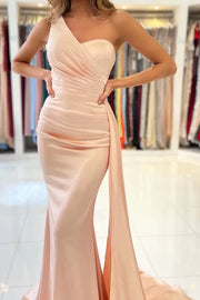 Pearl Pink One-Shoulder Mermaid Satin Formal Prom Dresses with Train