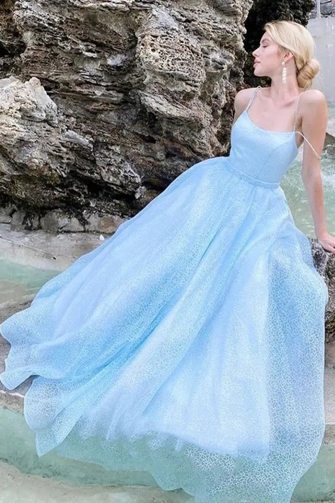 Light Blue Spaghetti Straps A-Line Sequined Tulle Party Dresses