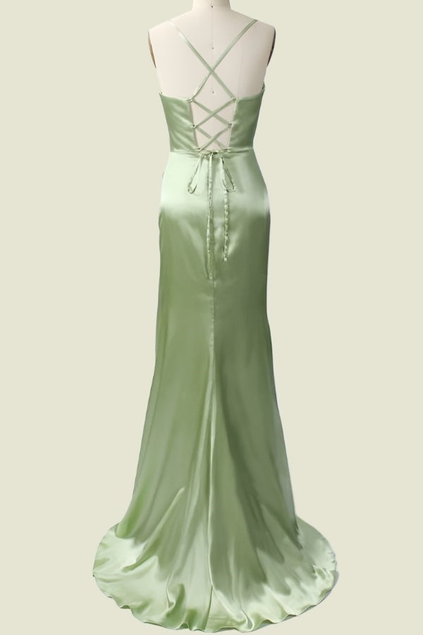 Green Spaghetti Straps Mermaid Satin Bridesmaid Dress with Slit Back Side