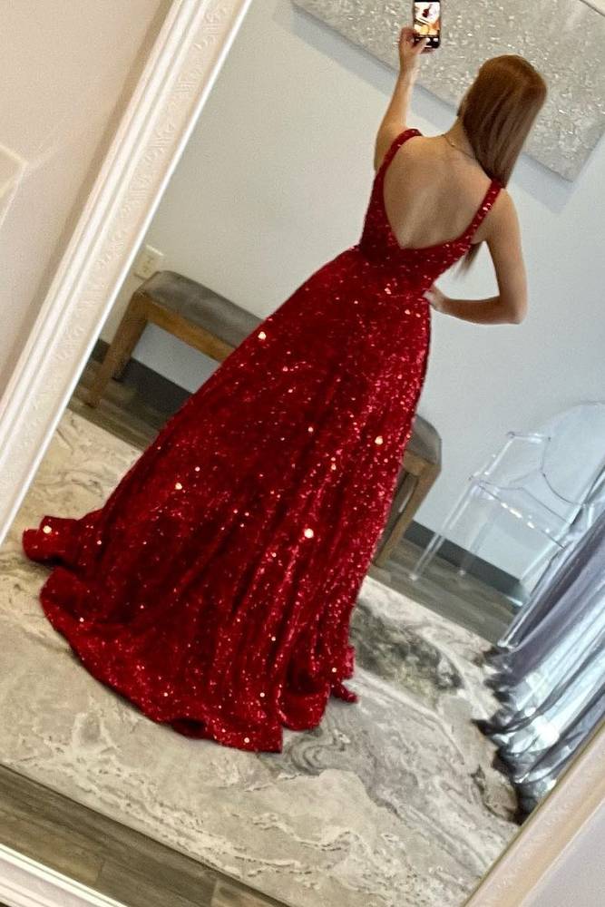 Red Square Neck Sleeveless Sequined Ball Gown Wedding Dresses