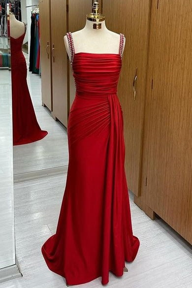 Exquisite Square Neck Spaghetti Straps Sweep Train Mermaid Satin Prom Dresses