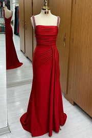 Exquisite Square Neck Spaghetti Straps Sweep Train Mermaid Satin Prom Dresses