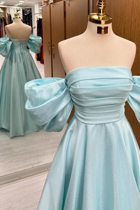 Trendy A-Line Floor-Length Off-The-Shoulder Satin Prom Dresses