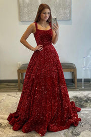 Red Square Neck Sleeveless Sequined Ball Gown Wedding Dresses