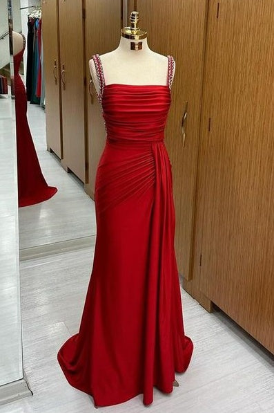 Exquisite Square Neck Spaghetti Straps Sweep Train Mermaid Satin Prom Dresses