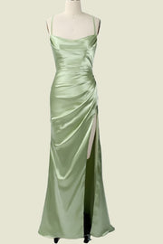 Green Spaghetti Straps Mermaid Satin Bridesmaid Dress with Slit Front Side