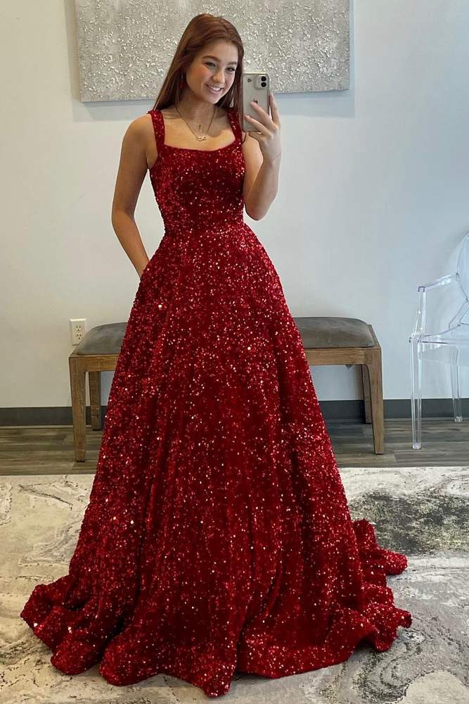 Red Square Neck Sleeveless Sequined Ball Gown Wedding Dresses