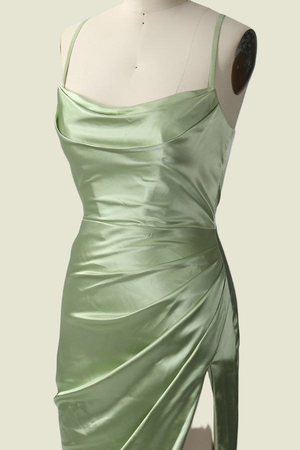 Sage Spaghetti Straps Mermaid Satin Bridesmaid Dresses with Slit