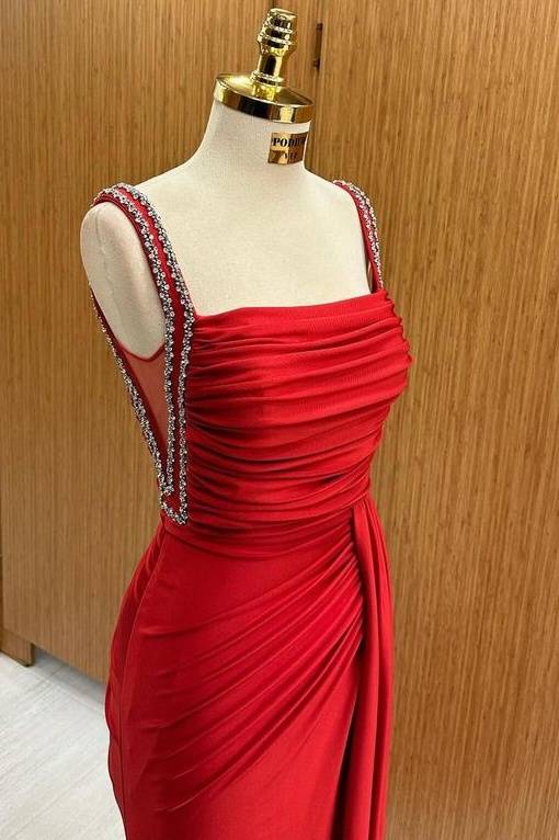 Exquisite Square Neck Spaghetti Straps Sweep Train Mermaid Satin Prom Dresses