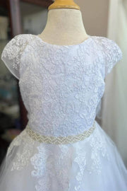 White A-Line Cap Sleeves Tulle  Appliques Flower Girl Dresses with Beading