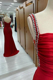 Exquisite Square Neck Spaghetti Straps Sweep Train Mermaid Satin Prom Dresses