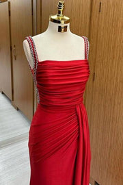 Exquisite Square Neck Spaghetti Straps Sweep Train Mermaid Satin Prom Dresses