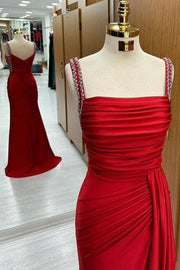 Exquisite Square Neck Spaghetti Straps Sweep Train Mermaid Satin Prom Dresses