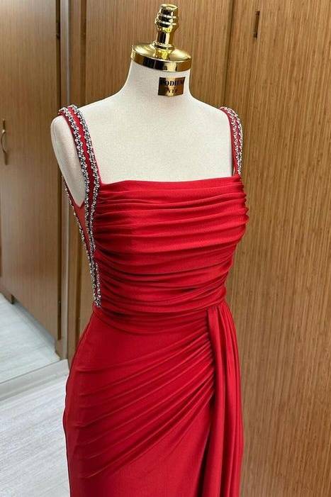 Exquisite Square Neck Spaghetti Straps Sweep Train Mermaid Satin Prom Dresses