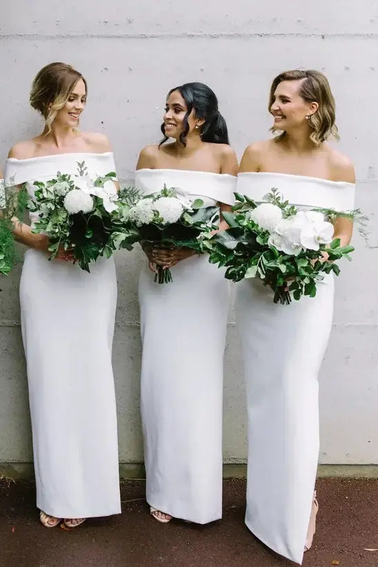 White Floor-Length Off-The-Shoulder Column Satin Bridesmaid Dresses