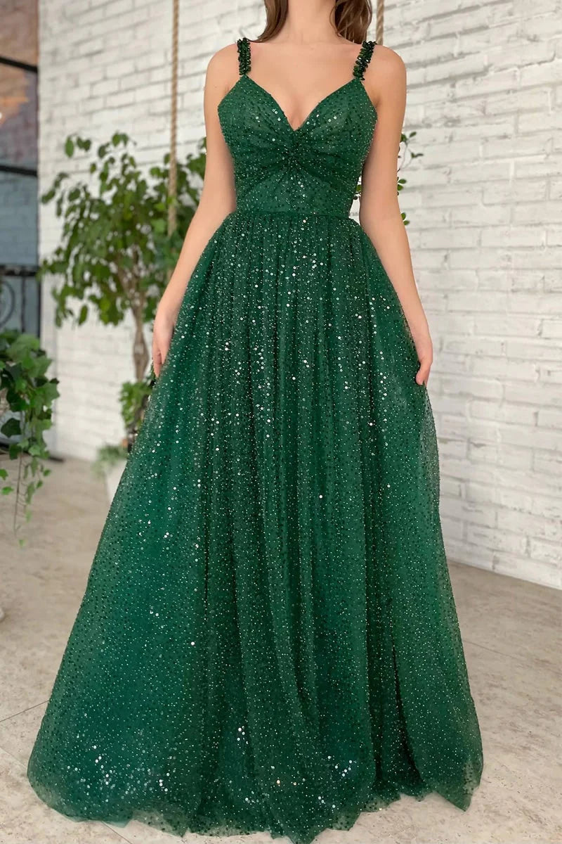 Sparkly V-Neck Sleeveless A-Line Sequin Prom Dresses