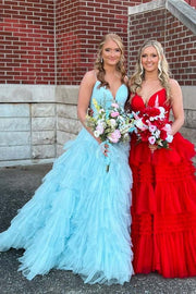 Stunning A-Line Long Tulle Sleeveless Prom Dresses with Ruffles