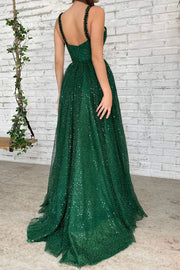 Sparkly V-Neck Sleeveless A-Line Sequin Prom Dresses