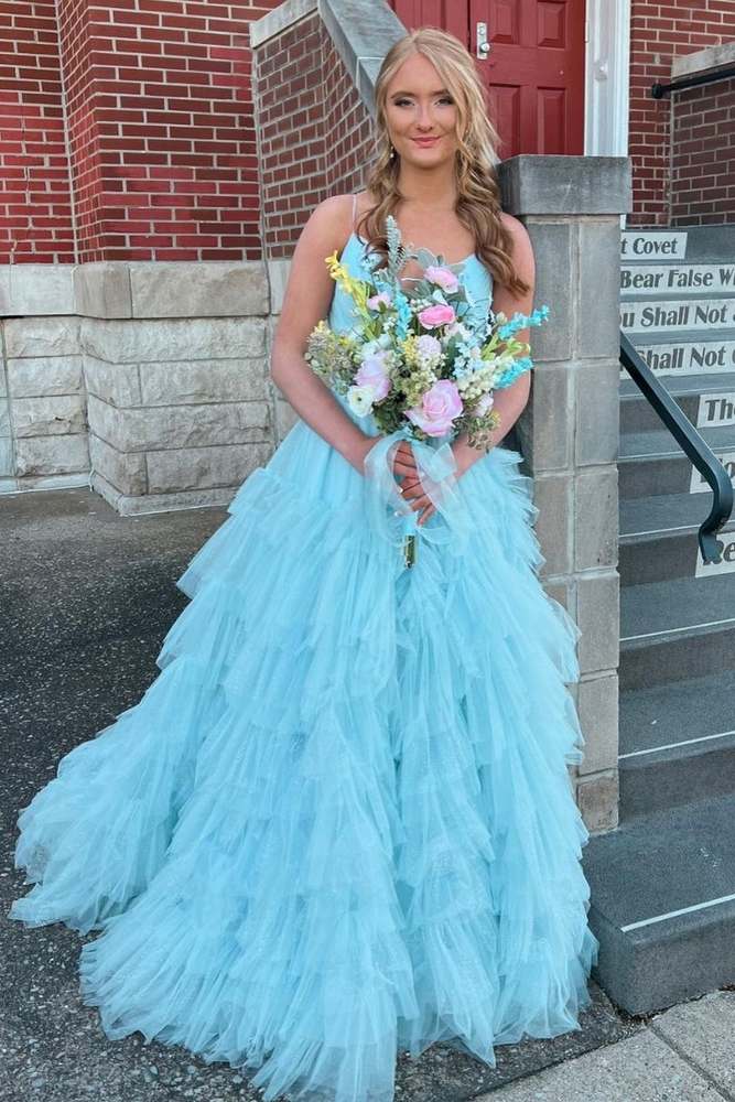 Stunning A-Line Long Tulle Sleeveless Prom Dresses with Ruffles