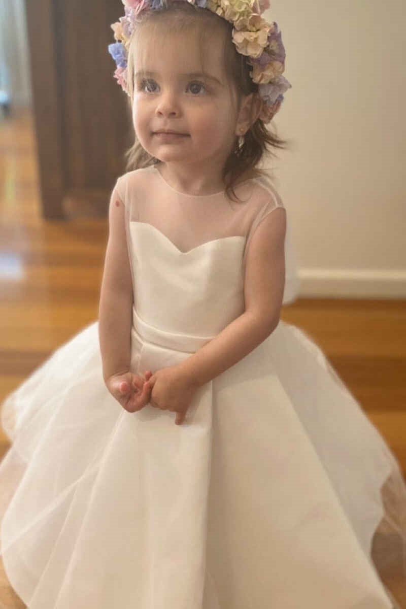 Ivory Jewel Neck A-Line Satin Tulle Flower Girl Dresses with Bow