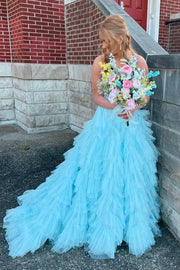 Stunning A-Line Long Tulle Sleeveless Prom Dresses with Ruffles