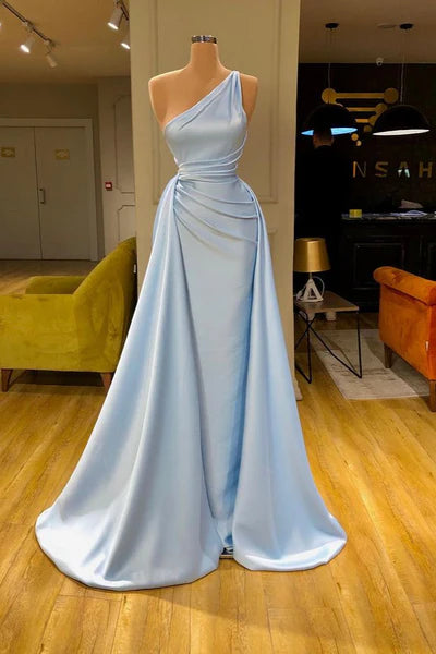 Light Blue One-Shoulder Mermaid Satin Long Party Prom Dresses