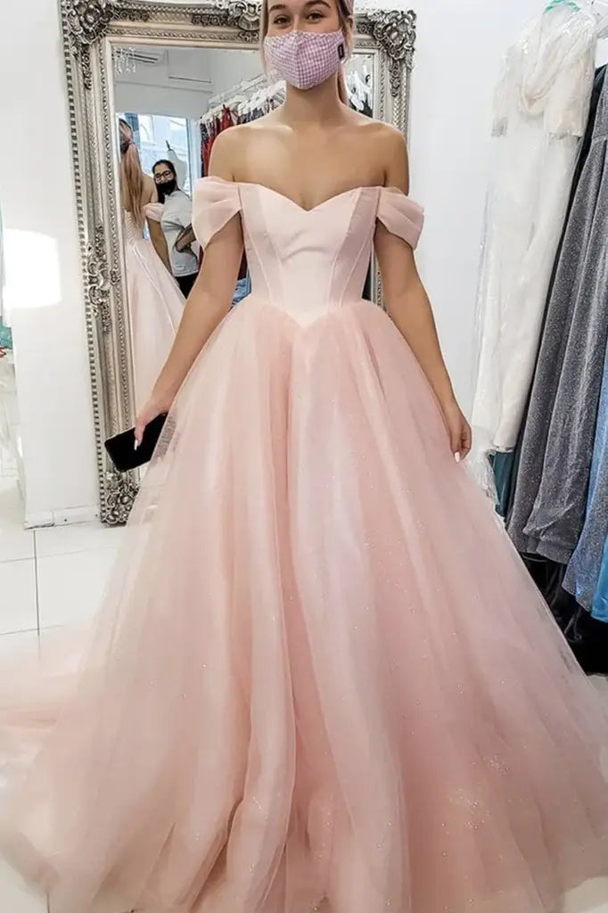 Pearl Pink A-Line Off-The-Shoulder Tulle Party Prom Dresses