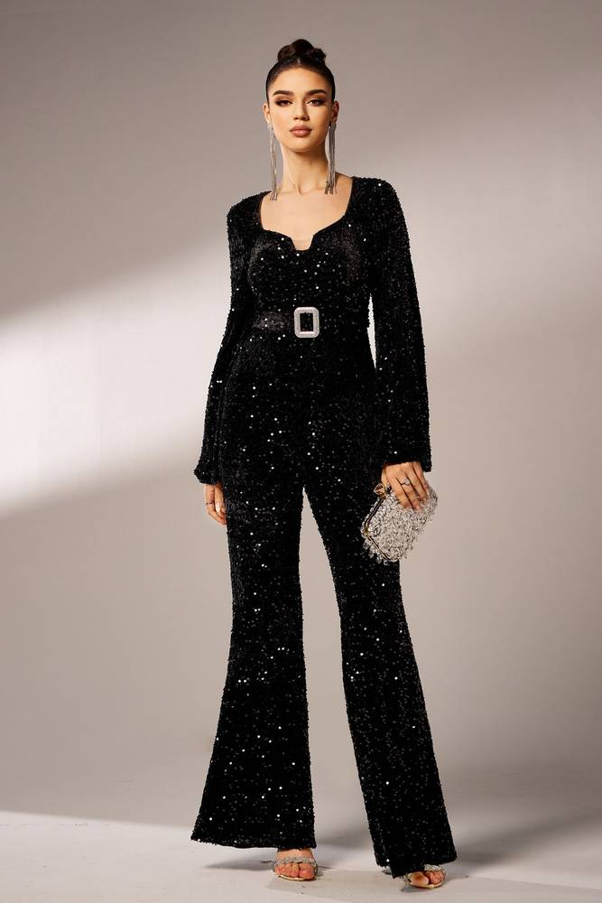 Black Long Sleeves Sequin Jumpsuit Evening Dresses