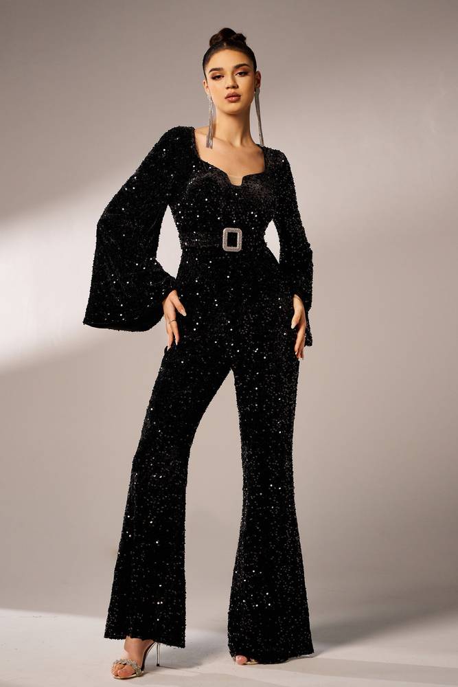 Black Long Sleeves Sequin Jumpsuit Evening Dresses