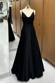 Charming A-Line Floor-Length Cowl Neck Spaghetti Straps Satin Prom Dresses