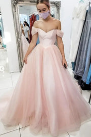 Pearl Pink A-Line Off-The-Shoulder Tulle Party Prom Dresses