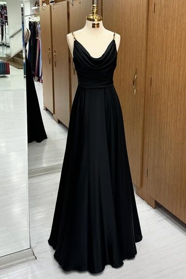 Charming A-Line Floor-Length Cowl Neck Spaghetti Straps Satin Prom Dresses