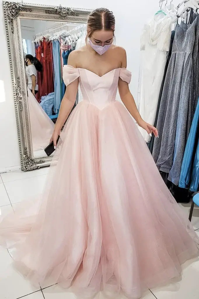 Pearl Pink A-Line Off-The-Shoulder Tulle Party Prom Dresses