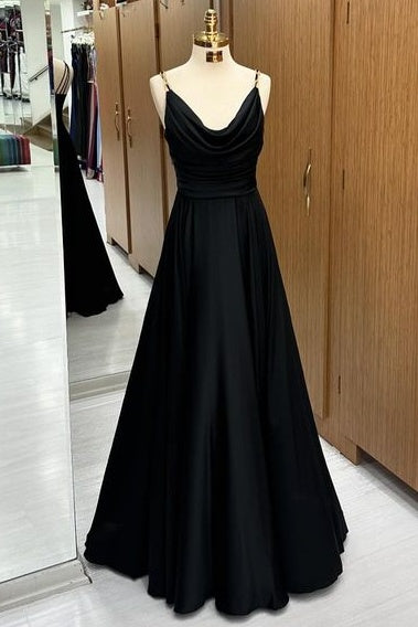 Charming A-Line Floor-Length Cowl Neck Spaghetti Straps Satin Prom Dresses