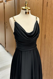 Charming A-Line Floor-Length Cowl Neck Spaghetti Straps Satin Prom Dresses