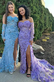 Strapless Swetheart Mermaid Floral Prom Dresses with Detachable Sleeves