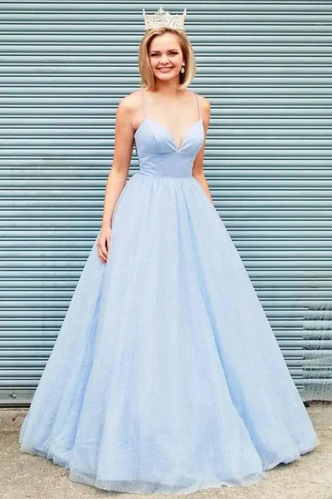 Sky Blue Ball Gown V-Neck Tulle Prom Party Dresses