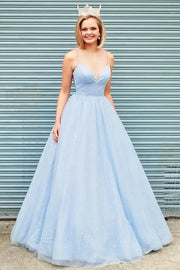 Sky Blue Ball Gown V-Neck Tulle Prom Party Dresses