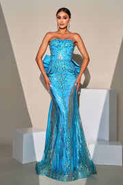 Ocean Blue Sequined Strapless Mermaid Evening Dresses with Bow