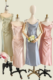 Dusty Blue Cowl Neck Spaghetti Straps A-Line Satin Bridesmaid Dresses