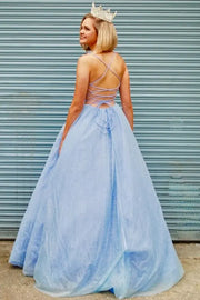 Sky Blue Ball Gown V-Neck Tulle Prom Party Dresses