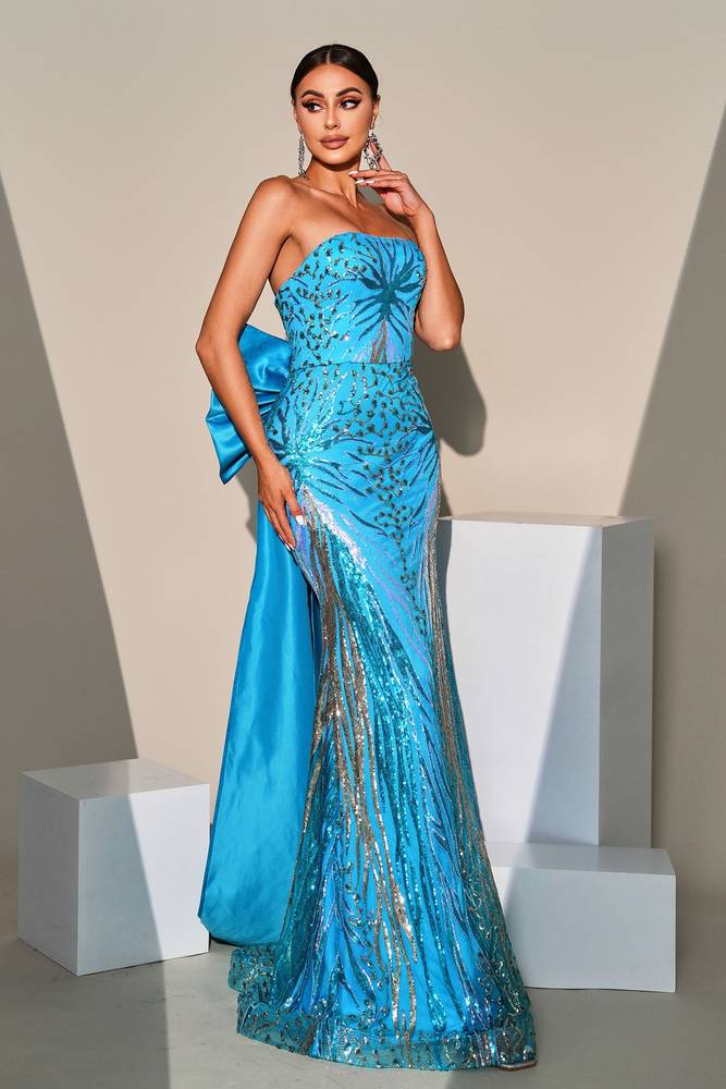 Ocean Blue Sequined Strapless Mermaid Evening Dresses with Bow