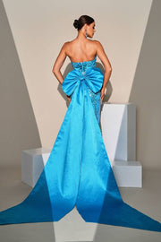 Ocean Blue Sequined Strapless Mermaid Evening Dresses with Bow