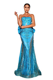 Ocean Blue Sequined Strapless Mermaid Evening Dresses with Bow