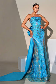 Ocean Blue Sequined Strapless Mermaid Evening Dresses with Bow