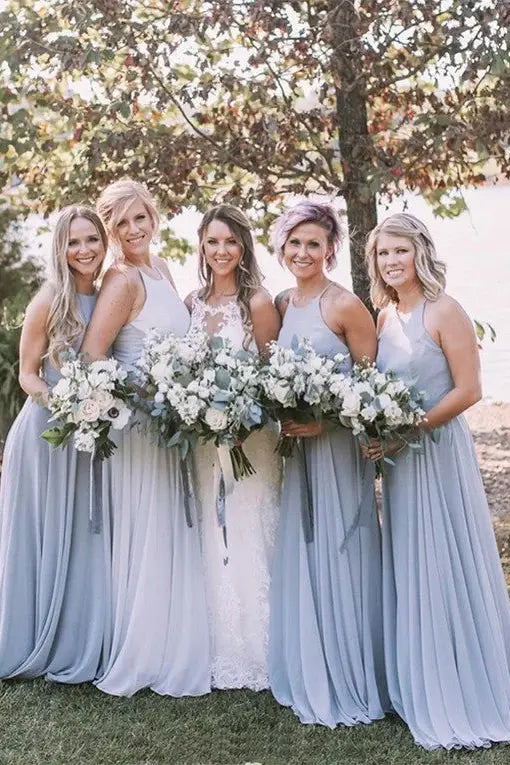  Sky Blue Charming Crew Neck Sleeveless Chiffon A-Line Bridesmaid Dresses