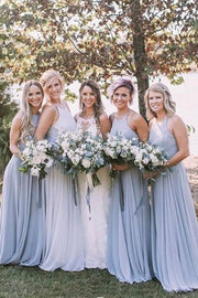 Sky Blue Charming Crew Neck Sleeveless Chiffon A-Line Bridesmaid Dresses