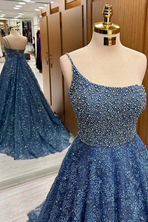 Gorgeous One-Shoulder Sleeveless Sweep Train Sequined A-Line Prom Dresses with Beads